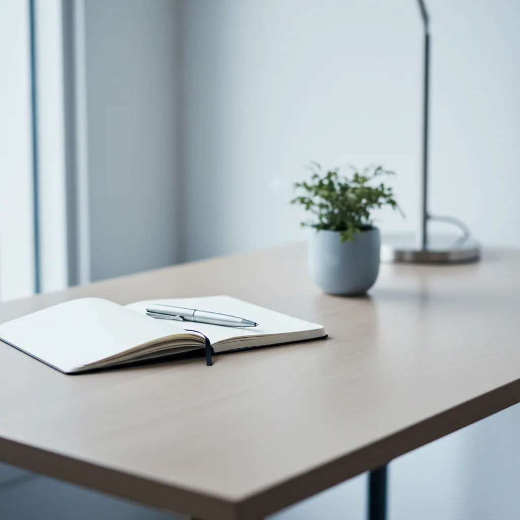A calm organised workspace with a notebook pen and small indoor plant on a light wooden desk