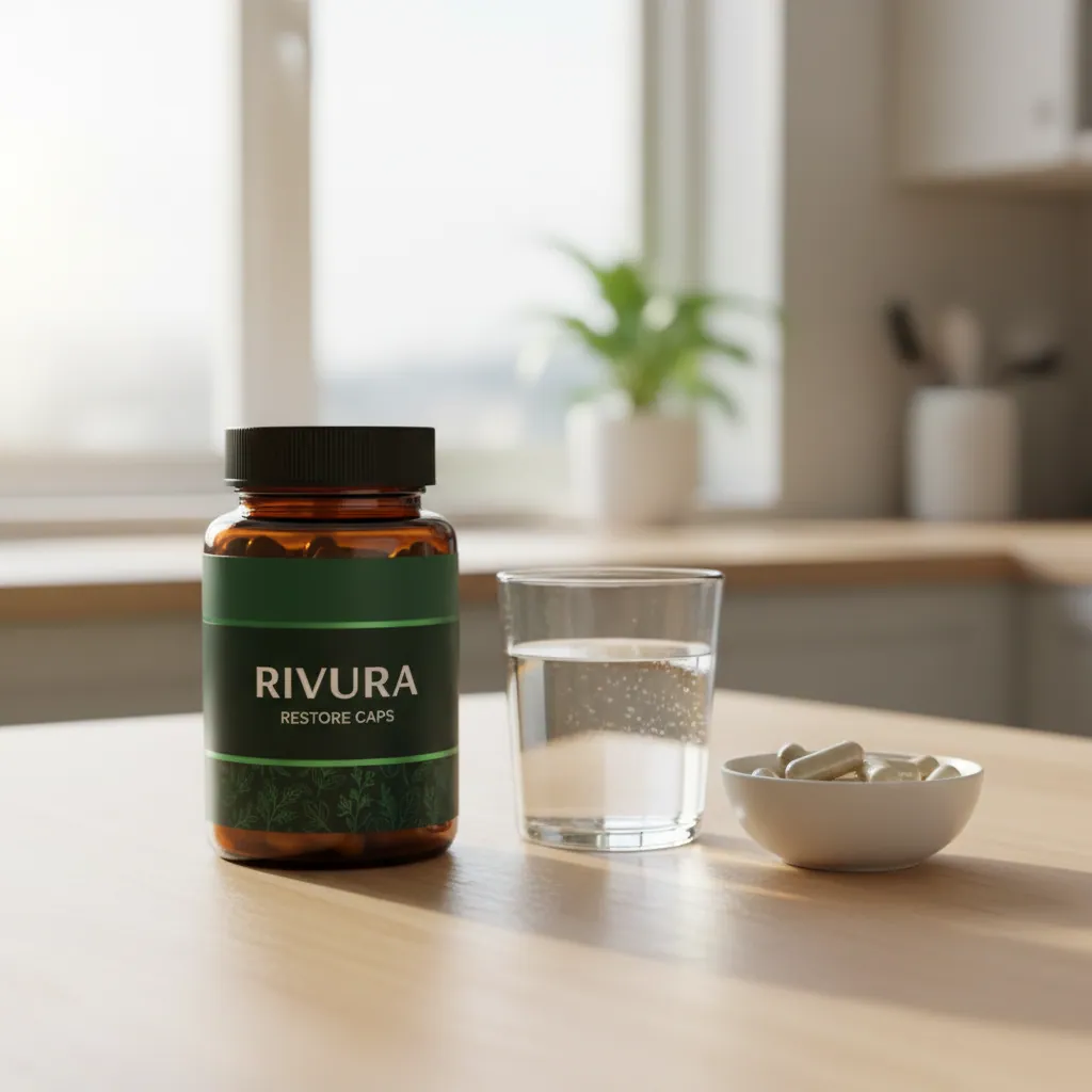 Rivura Restore Caps supplement jar on a morning kitchen table beside a glass of water