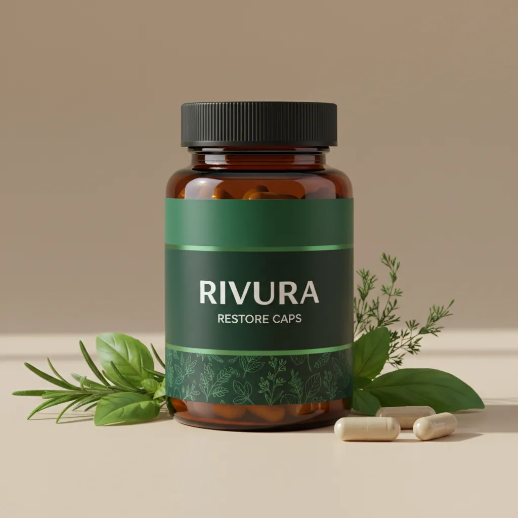 Rivura Restore Caps amber glass supplement jar with label showing product name